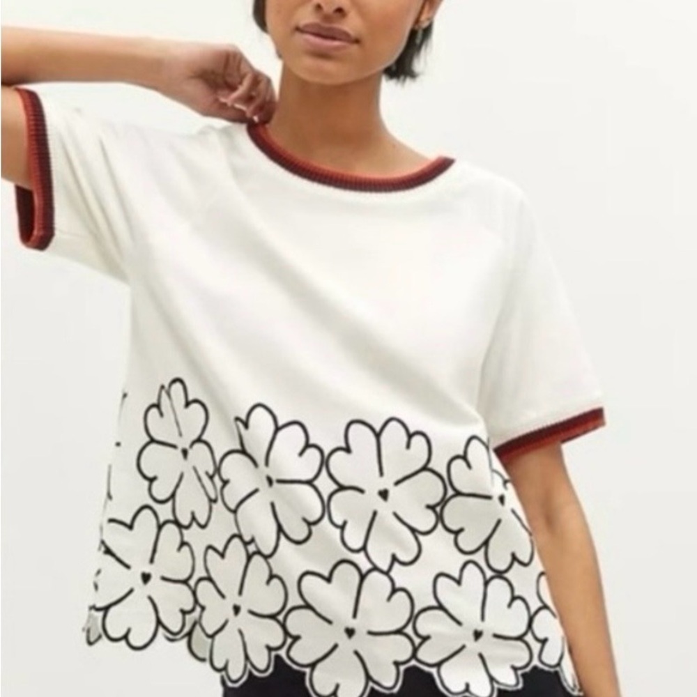 Anthropologie Maeve White and Black Floral Short Sleeve T-Shirt